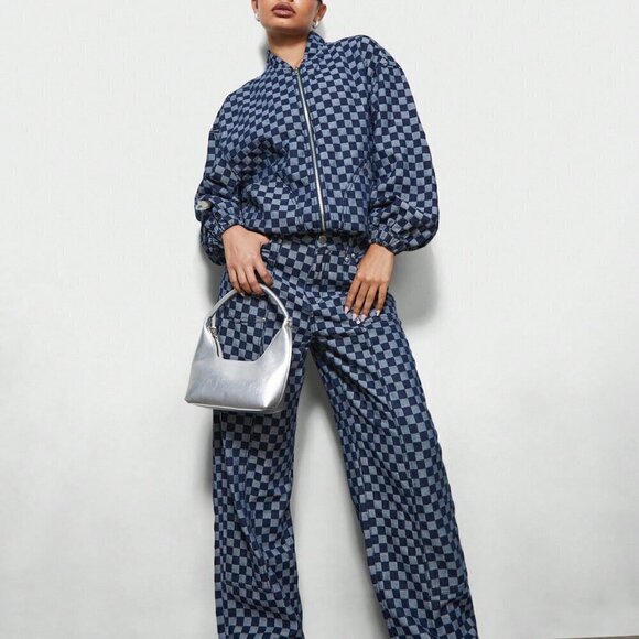 Blue Casual Women's Denim Checkboard Bomber Zip Through Jacket - Picture 4 of 4